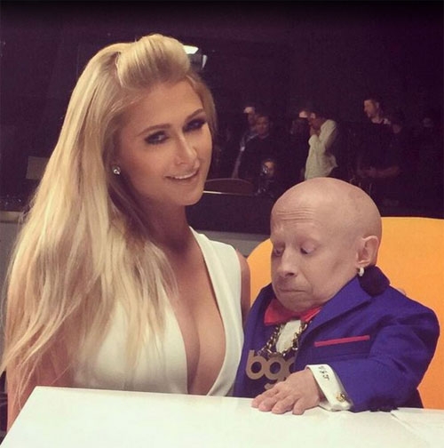 Chàng lùn nổi tiếng truyền hình Mỹ - Verne Troyer không xấu hổ khi ngắm bầu ngực căng đầy của Paris Hilton trong buổi ghi hình quảng cáo ở Las Vegas.