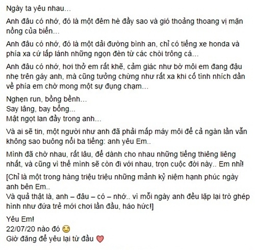 Những lời yêu thương bay bổng mà nam diễn viên kiêm MC sinh năm 1981 gửi đến bà xã trong một dịp kỷ niệm ngày đầu tiên nói lời yêu.   