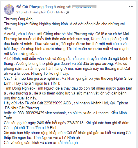 Am tinh nghe si: Du bao benh Le Binh van keu goi ung ho cho Mai Phuong