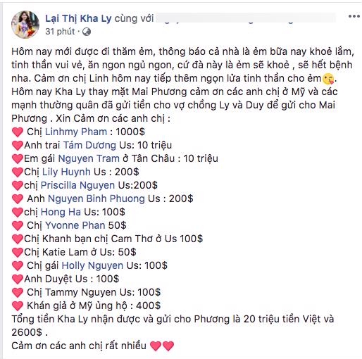 Kha Ly vội vào viện thăm và trao tặng số tiền lớn cho Mai Phương