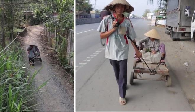 Nghẹn ngào cảnh tượng con tâm thần kéo xe đưa mẹ đi nhặt ve chai