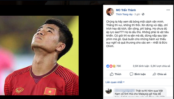 chia sẻ bài viết bênh vực Đức Chinh, Trấn Thành đã nhận gần 75k like