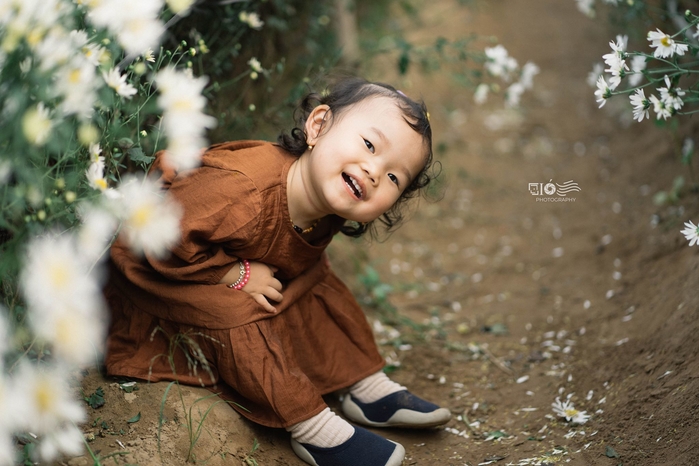 Hình ảnh em bé bên cúc họa mi siêu đáng yêu