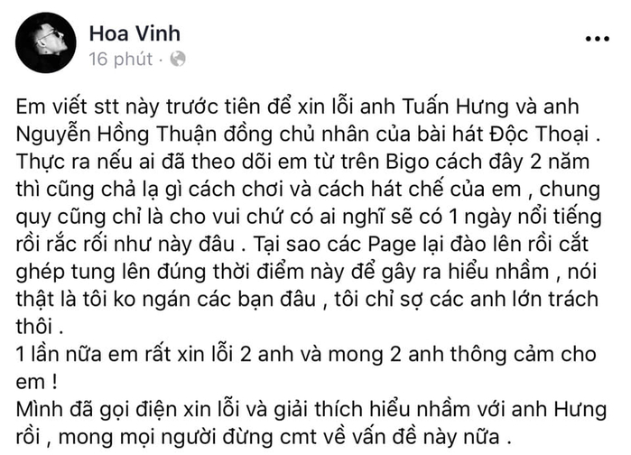 Hoa Vinh cuống cuồng xin lỗi sau khi bị Tuấn Hưng vỗ mặt