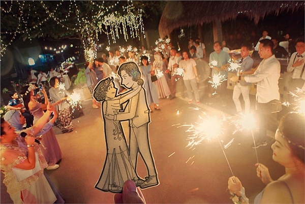 Cô dâu chú rể dùng hình vẽ chibi thay hình chụp ảnh ngày cưới