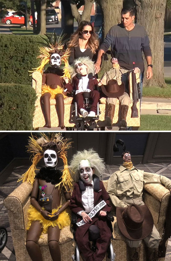 Hai đứa trẻ được bố mẹ hóa trang thành nhân vật trong bộ phim kinh dị Ngôi nhà ma ám Beetlejuice.