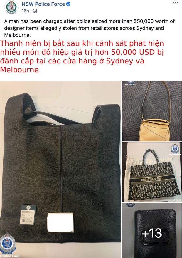NSW Police Force cũng lên tiếng xác nhận về du học sinh người Việt bị bắt sau khi ăn trộm 3 chiếc túi xách hàng hiệu. (Ảnh: NSW Police)