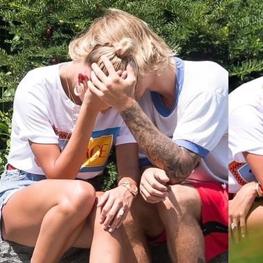 Fan đứng ngồi không yên trước loạt ảnh Justin Bieber ôm mặt khóc, vợ sắp cưới vỗ về bên vệ đường