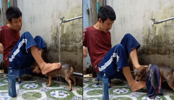 Cảm động chàng trai khiếm khuyết tắm gội cho cún cưng bằng 2 chân