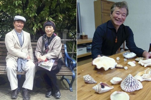 Ông Shindo và bà Kimiko. Ông khoe những chiếc vỏ ốc ông nhặt được trên đảo Amami-Oshima, nơi vợ ông đang sống. Ảnh: Asiaone.