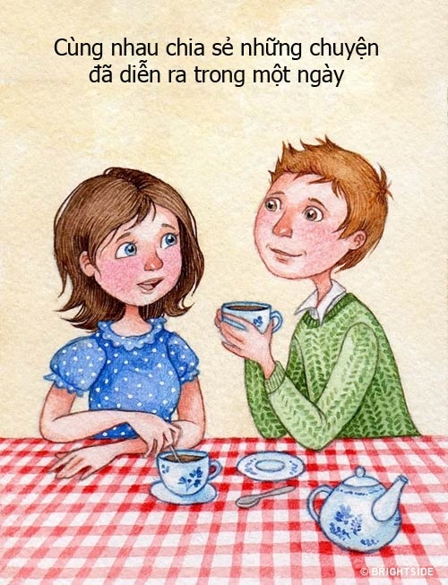 Vào buổi tối, hai người ngồi lại bên nhau và cùng chia sẻ về một ngày đã qua.