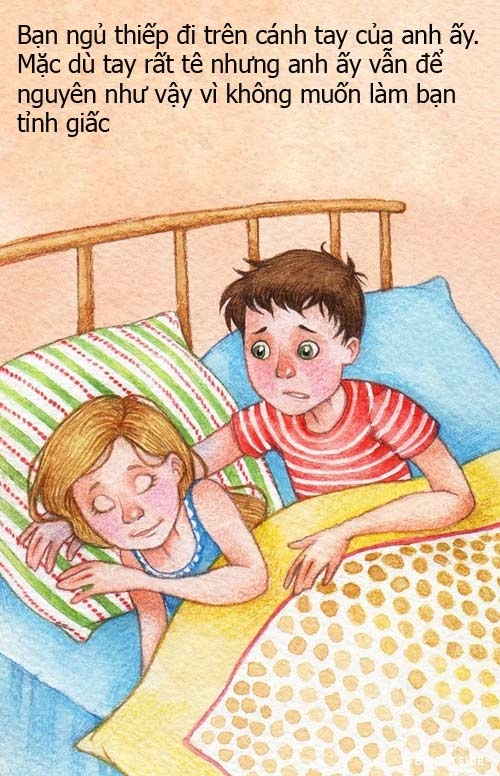 Hành động đơn giản này đủ để bạn thấy anh ấy quan tâm, chăm sóc bạn chu đáo đến mức nào. Để giấc ngủ của bạn không bi gián đoạn, anh ấy sẵn sàng chịu tê mỏi cánh tay. Đây là hành động của một người chồng thương vợ đó.