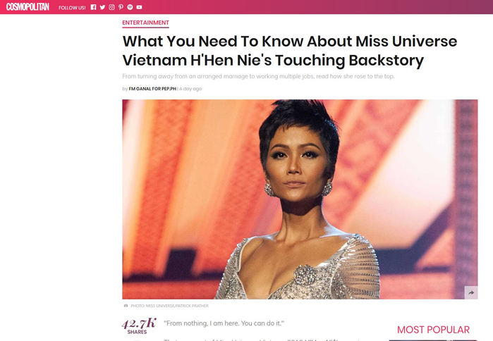 Hoa hậu H'Hen Niê được báo quốc tế đồng loạt khen ngợi