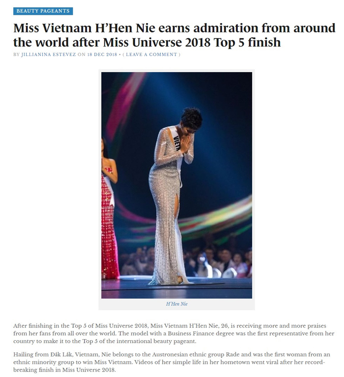 Hoa hậu H'Hen Niê được báo quốc tế đồng loạt khen ngợi