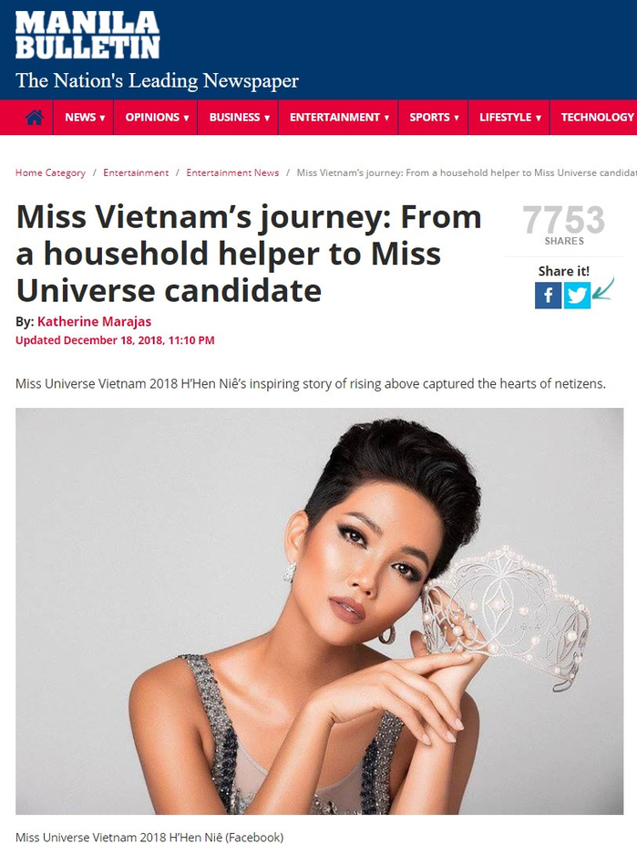 Hoa hậu H'Hen Niê được báo quốc tế đồng loạt khen ngợi