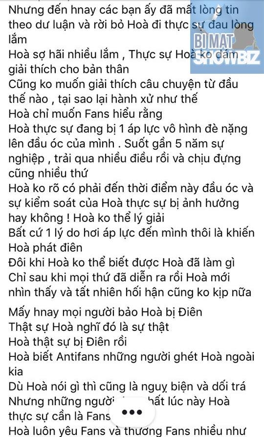 Hòa Minzy: Hòa thật sự bị điên rồi. Hòa không mắc bệnh ngôi sao