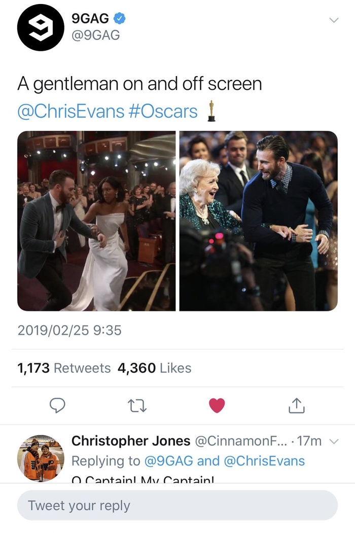Chris Evans nhận giải quý ông ga lăng nhất Oscar 2019