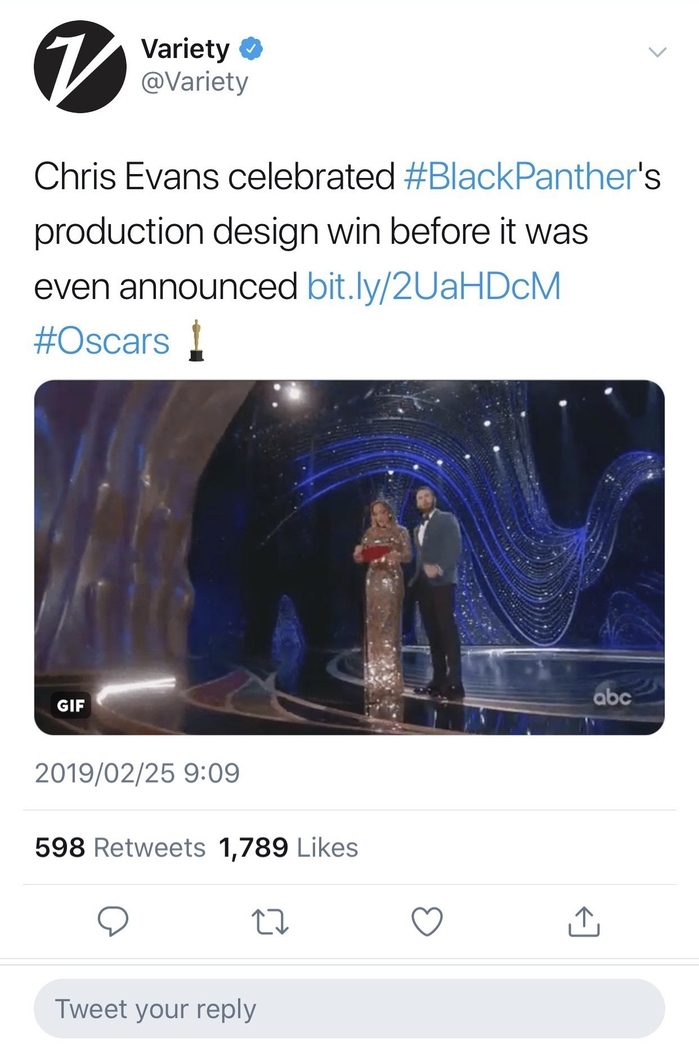 Chris Evans nhận giải quý ông ga lăng nhất Oscar 2019