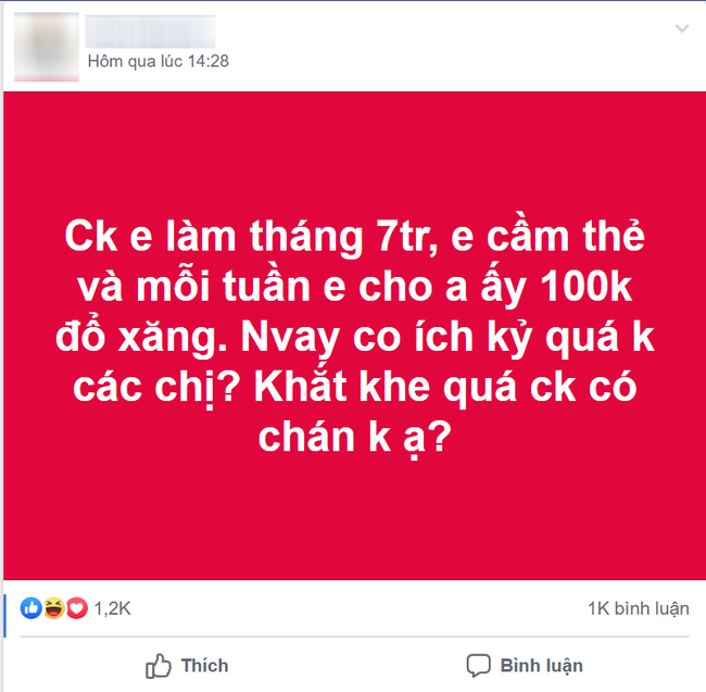 Cầm hết lương của chồng, vợ chỉ phát lại cho 100 nghìn mỗi tuần