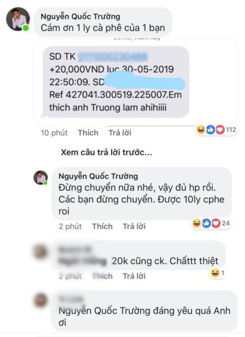 Quốc Trường liên tục được fan chuyển khoản để mời đi cà phê