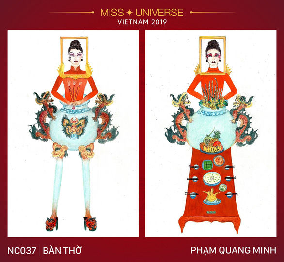 Trang phục “bàn thờ” thiết kế cho Hoàng Thùy gây tranh cãi dữ dội