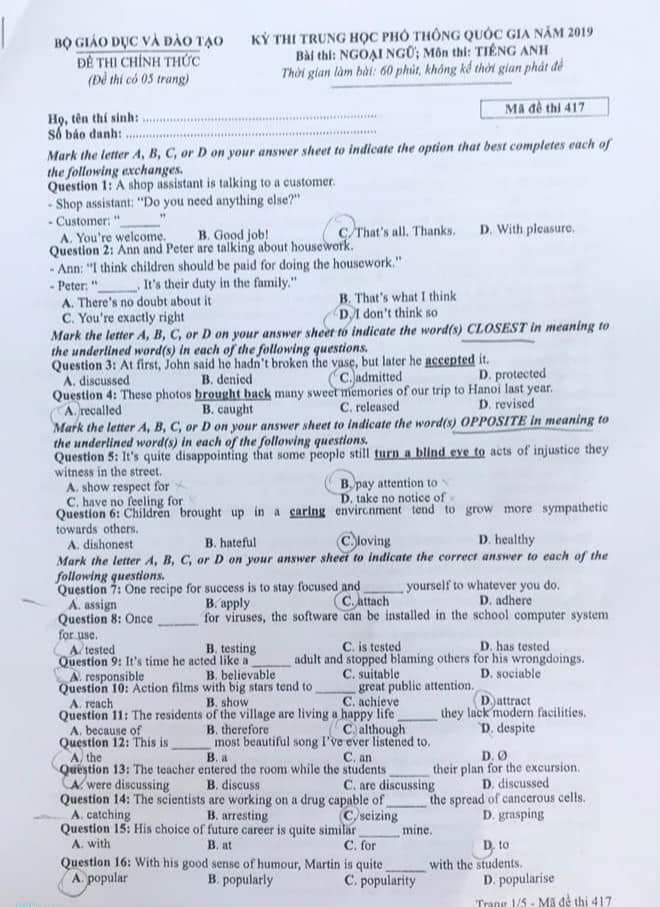 CĐM phản ứng trước đề thi tiếng Anh THPT năm 2019