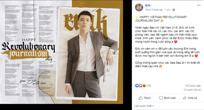 Erik và loạt sao Việt tưng bừng gửi lời chúc ngày Báo chí 21/6