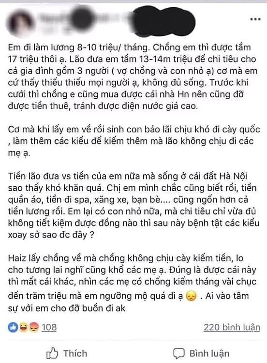 Chồng đưa 14 triệu/tháng chi tiêu, vợ vẫn lên mạng chê chồng