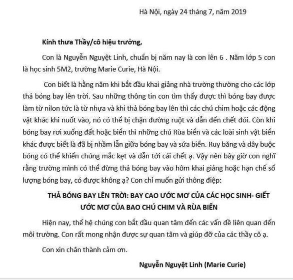 Cô bé lớp 6 gửi thư đề nghị không thả bóng bay trong lễ khai giảng