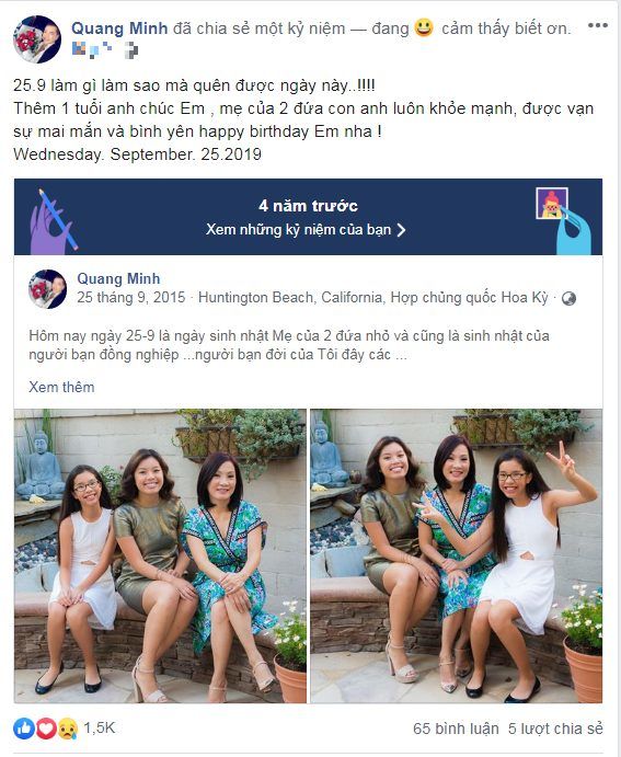 Quang Minh không quên gửi lời chúc mừng sinh nhật đến vợ cũ Hồng Đào