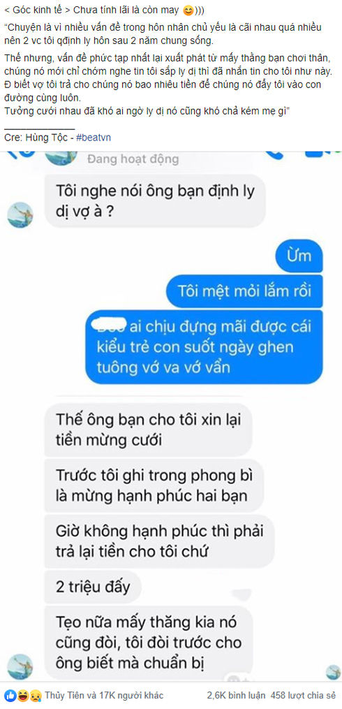 Vợ chồng đổ vỡ bạn nghe tin kéo nhau đến đòi tiền mừng đám cưới