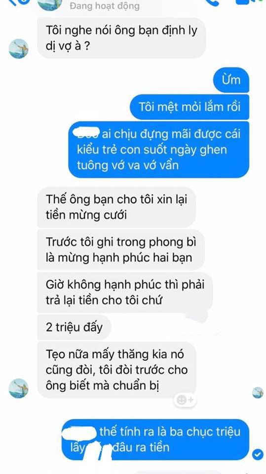 Vợ chồng đổ vỡ bạn nghe tin kéo nhau đến đòi tiền mừng đám cưới