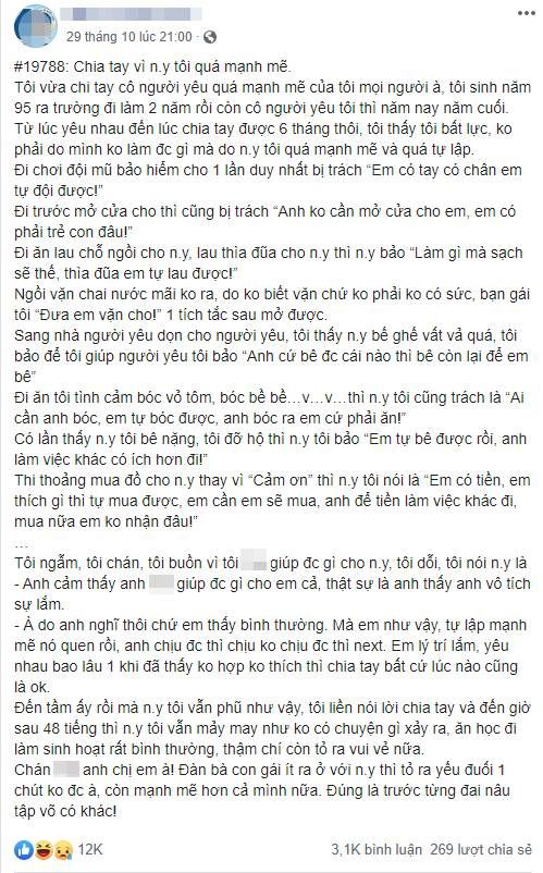 Chia tay vì người yêu quá mạnh mẽ, CĐM:Con gái như vậy ai mà dám yêu