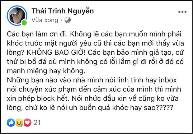 Đáng thương như Thái Trinh, lên tiếng sau chia tay vẫn bị tố giả tạo