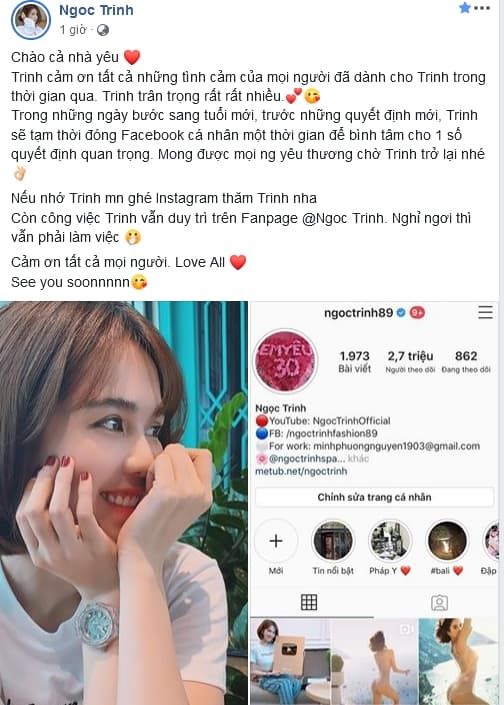 Đóng Facebook, Ngọc Trinh được cho chuẩn bị chuyện đời tư trọng đại
