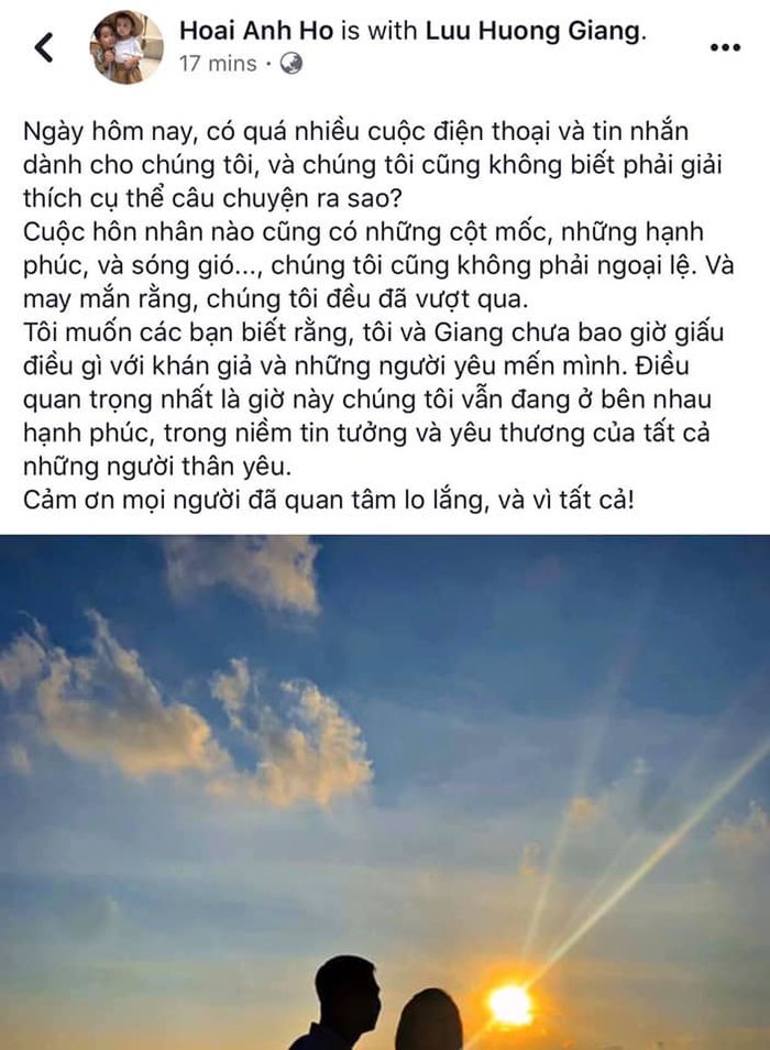Hồ Hoài Anh lên tiếng phủ nhận tin đồn ly hôn với Lưu Hương Giang