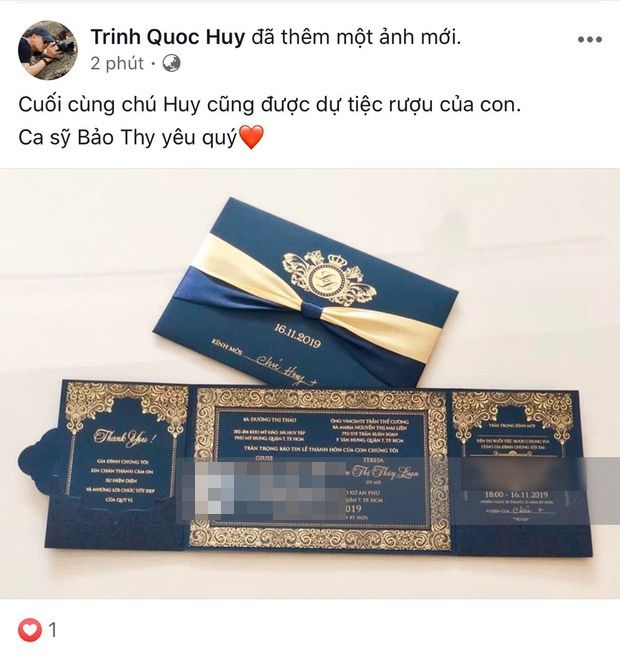 Khách mời Vbiz đầu tiên đã khoe thiệp cưới Bảo Thy, hôn lễ cử hành