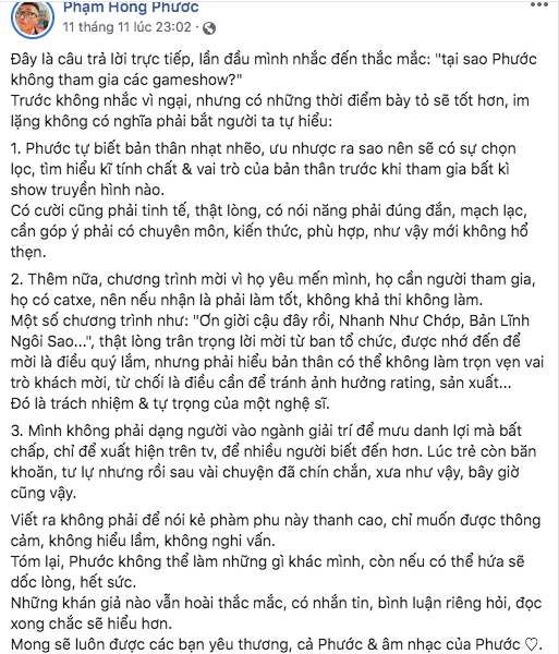 Phạm Hồng Phước chia sẻ về lý do không tham gia show truyền hình