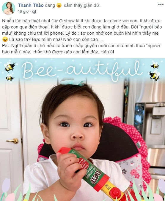 Thanh Thảo tức giận vì bảo mẫu không cho facetime với con khi xa nhà