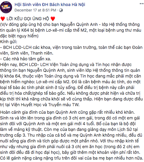 Nữ sinh mắc ung thư máu và tình thương của bè bạn trường Bách Khoa