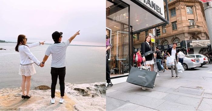 Trường Giang tay xách nách mang cho vợ chụp hình khi đi du lịch