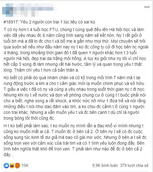 Dân tình dậy sóng khi cô gái thắc mắc lỡ yêu 2 người phải làm sao?