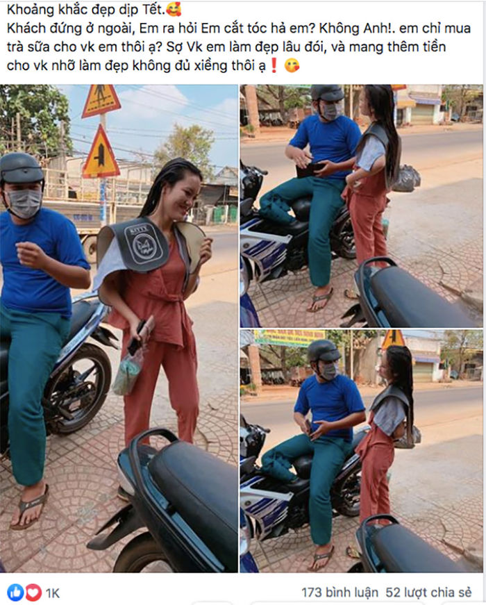 Vợ đi làm tóc, chồng mua trà sữa đem tiền tiếp tế đến tận nơi