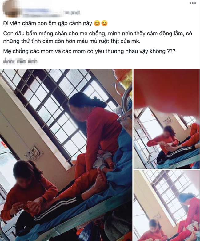 Con dâu cần mẫn ngồi cắt móng chân cho mẹ chồng trong viện