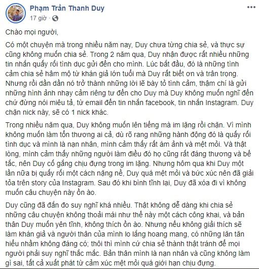 Thanh Duy chia sẻ quá khứ bị quấy rối nhiều năm liền khiến fan xót xa