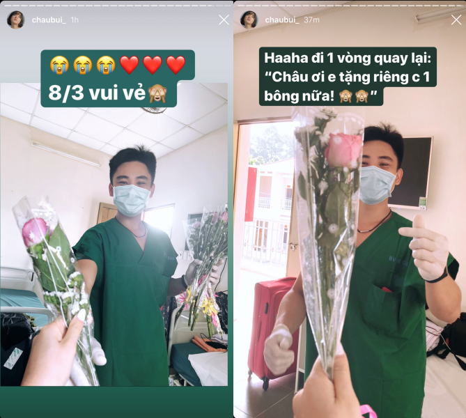 Châu Bùi được tặng hoa ngày 08/03 tại khu cách ly Covid-19