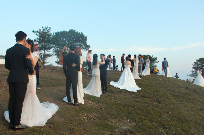 Hàng chục cặp đôi chen chân chụp ảnh cưới trên ngọn đồi Đà Lạt