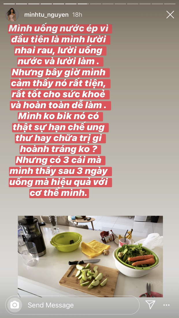 Minh Tú cảm thấy da khỏe, căng bóng hơn chỉ sau 3 ngày uống nước ép,
