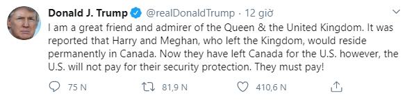 Ông Trump tuyên bố Mỹ không trả phí bảo vệ cho vợ chồng Meghan & Harry