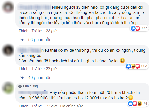 Đại gia đi ăn hết 20 triệu đồng vẫn chờ lấy lại 12.000 đồng tiền thừa